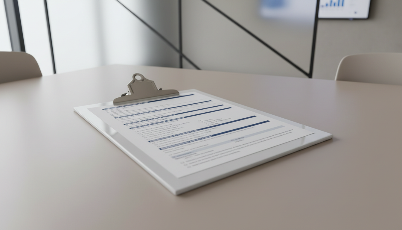A meticulously clean, high-gloss white clipboard with a stack of crisp compliance audit forms secured beneath a brushed steel clip, resting on a smooth, neutral-toned conference table. The backdrop features an uncluttered office setting with hints of frosted glass partitions and a subtle reflection from a nearby wall-mounted monitor. Soft, diffused daylight pours in from an unseen window, creating even, natural illumination with minimal shadows. The mood is professional, composed, and efficient, underscoring attention to detail. Photographed from an overhead, slightly angled perspective for a balanced, structured layout emphasizing corporate order and process. The overall style is photographic realism with a clean, modern, and organized aesthetic, perfectly suited to a transport management context.